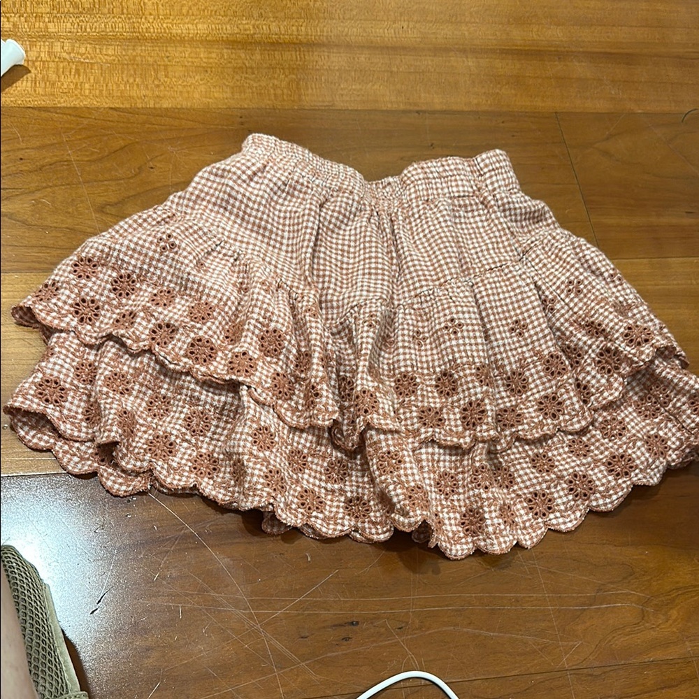 Rylee + Cru Peach Gingham Eyelet Tiered Skirt